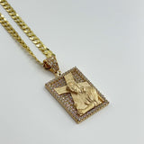 14K GOLD SOLID CUBAN FLAT CHAIN (3.7MM) WITH VIRGEN MARIA PENDAT