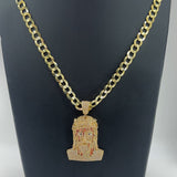 14K GOLD SOLID CUBAN FLAT CHAIN (7.0MM) WITH JESUS BLOOD FACE CZ